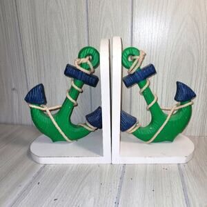 Vtg Green and Blue Anchor Wood Bookends Decorative Nautical Sea Ocean